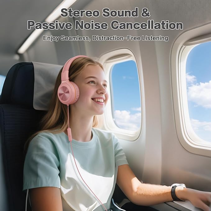 SIMOLIO Wired Headphones with Mic & Volume Limited, Noise Isolating Kids Plug in Headphones for Girls, Laptop, Tablet, w/Share Port and Portable Pouch (Pink)