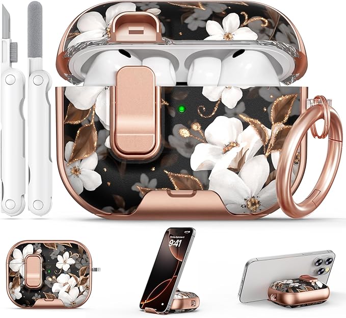 for AirPod Pro 3 Case 2025, with Safty Lock & Phone Stand for Floral AirPod Pro 3 Generation Case Cover for Women Girly, iPod Pro 3 Cases with Keychain & Cleaner Kit - Black Gold Flower