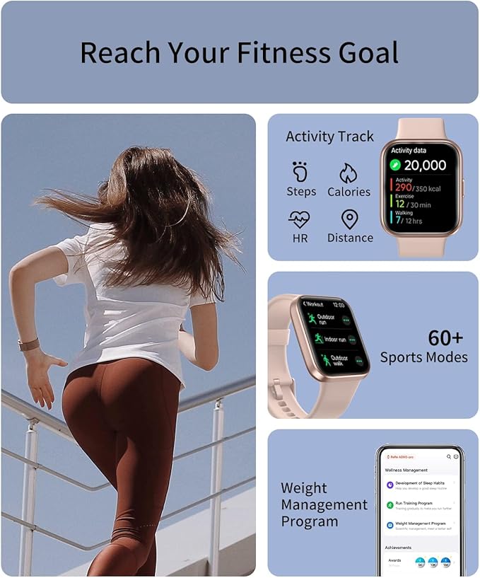 RERE ASW2 Smart Watch (Answer/Make Call), Alexa Built-in, 1.69" Fitness Tracker with 60 Sports Mode, Heart Rate, Blood Oxygen, Sleep Monitor, Fit for Android and iPhone, IP68 Waterproof, Pink