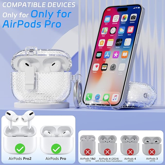 for AirPods Pro 2 Case with Phone Stand & Secure Lock, Auto-Open Clear Cover Compatible with Apple AirPods Pro 2nd/1st Gen (2023,2022,2019) with Cleaning Kit & Keychain (Shine)