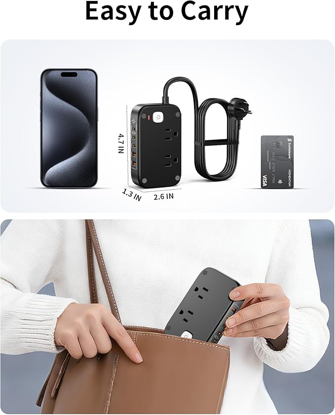 5FT Travel Power Strip with USB Ports, 7-IN-1 Flat Extension Cord USB C Power Strip with 2500W AC Outlets, 3 USB-C Ports, 2 USB-A Ports Outlet Extender for Home/Office/Travel Essentials