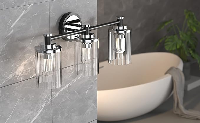 Bathroom Lighting Fixtures Black and Chrome Bathroom Vanity Light with Cylindrical Clear Stripes Glass Lampshade E26 Socket Base Bathroom Lighting Fixtures Over Mirror (3 Lights)