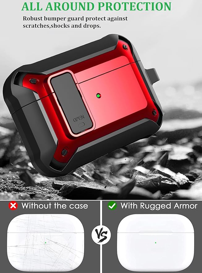 for Airpods Pro 2/1 Gen Case Cover with Lock (2019/2022/2023), Rugged Locking Case for Airpod Pro 2nd/1st Generation Shockproof Armor Protective Skin for Apple iPod Pro - Black/Red