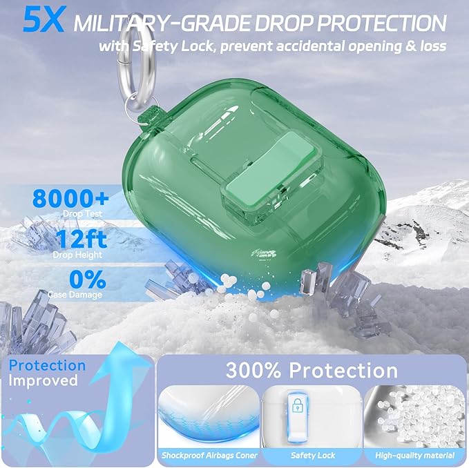 for AirPods Pro 2 Case with Phone Stand & Secure Lock, Auto-Open Clear Cover Compatible with Apple AirPods Pro 2nd/1st Gen (2023,2022,2019) with Cleaning Kit & Keychain (Clear Green)