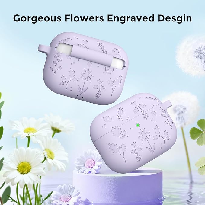 AhaStyle AirPods Pro 3 Case Cover (2025) Flower Engraved Cute Silicone AirPods Pro 3rd Generation Case Full Body Shockproof Cover Skin for Apple AirPods Pro 3rd Gen with Cleaning Kit for Women Girls