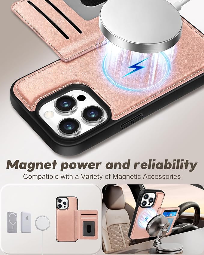 for iPhone 13 Pro Case with Wallet - Fits 4 Card Slots, Compatible with MagSafe for Women Aesthetic Durable PU Leather Credit Card Holder Kickstand Phone Cover for Apple 13 Pro, Rose Gold