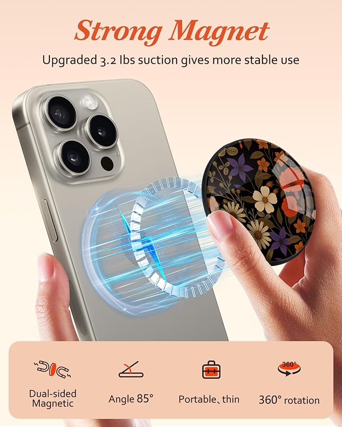 Kidcube Magnetic Phone Grip Compatible with Magsafe - Cell Phone Grip Stand Magnetic Ring Holder Finger Kickstand for iPhone 17 16 15 14 13 12 Series Magnet Removable Accessories Cute Color Floral