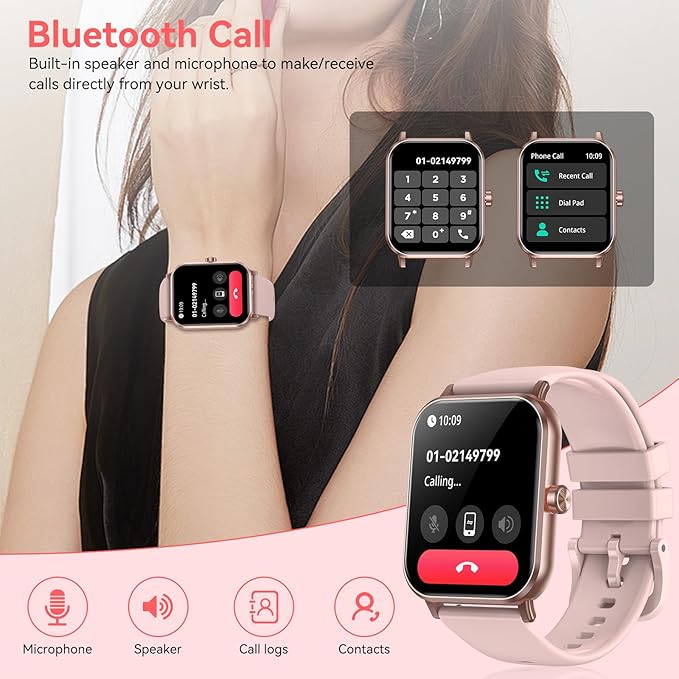 Smart Watch, 1.85" HD Fitness Tracker with Bluetooth Calls, 5 ATM Waterproof, 24/7 Heart Rate/Sleep Monitor, Pedometer, Calories, 130+ Sport Modes, Smartwatch for iOS Android (Pink)