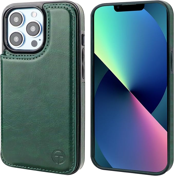 ONETOP Compatible with Magsafe for iPhone 13 Pro Wallet Case with Card Holder, PU Leather Kickstand RFID Blocking Case, Double Magnetic Clasp and Durable Shockproof Cover 6.1 Inch (Green)