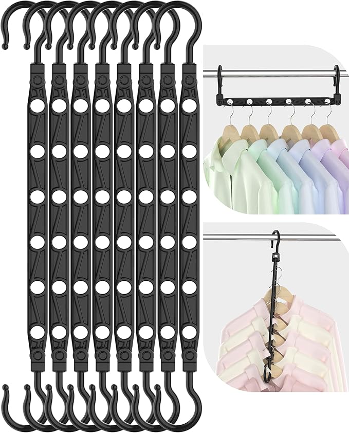 Space Saving Hangers, 8-Pack Reinforced Collapsible Hangers with 360° Swivel Hook, Hanger Hooks Space Saver for Closet Organizers and Storage, Dorm Room Essentials, Fully Assembled, Black