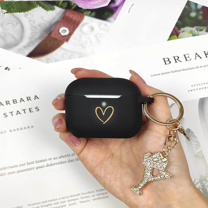 Compatible with AirPods Pro 3 Case Cover (2025), Soft Silicone Case with Gold Heart Pattern for AirPods Pro 3rd Generation Case with Rhinestone Studded Letter A-Z Keychain (Y Black)