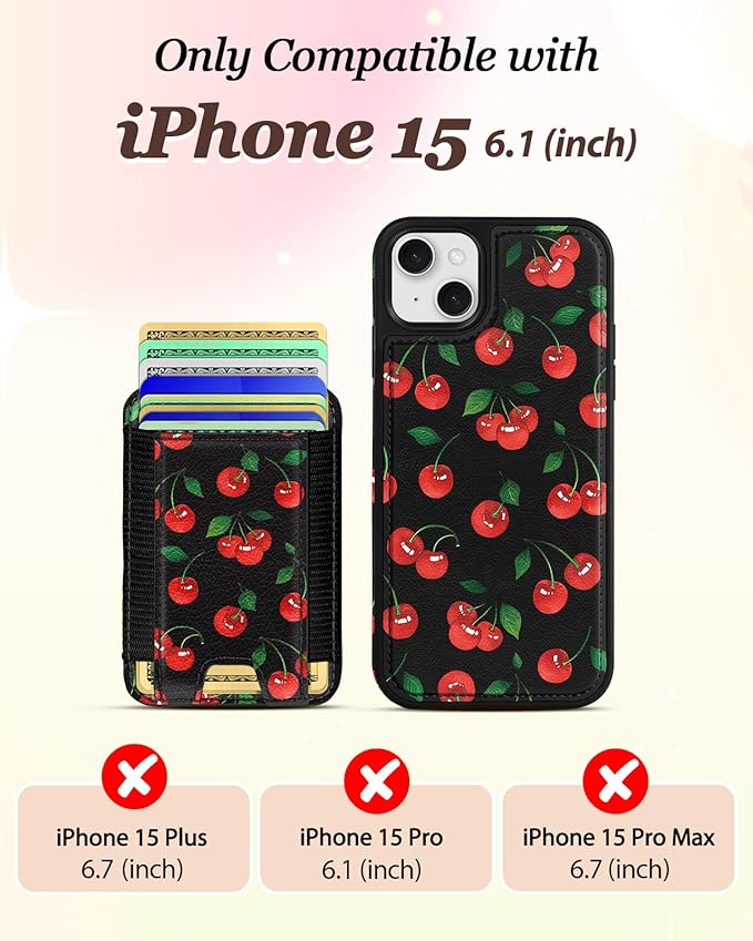 Shorogyt for iPhone 15 Wallet Case - Fits 5 Cards, Compatible with Magsafe Detachable Magnetic Credit Card Holder Leather Cardholder Cute Phone Cover Women Girls for Apple 15, Cherry