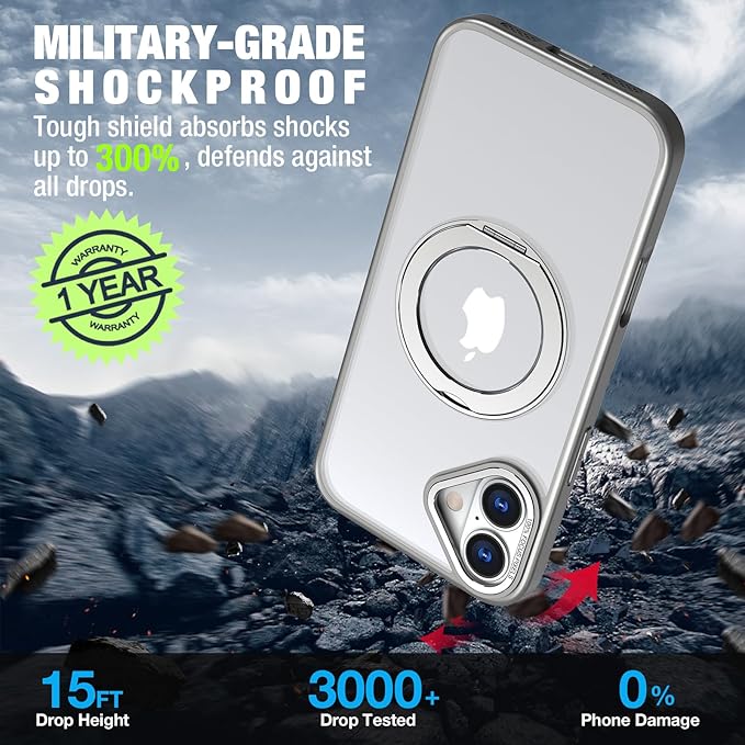 for iPhone 16 Case with Screen Protector & Lens Protector [15 FT Military Drop Protection] Magnetic Kickstand Compatible with MagSafe Slim Translucent Case (Titanium Grey)