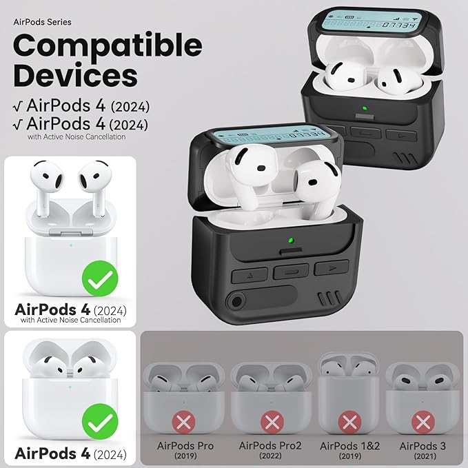 (with Safety Lock) Pager Cases for AirPods 4 Case Cover 2024 with Cleaner Kit,Sturdy Hard PC Protective for Apple AirPods 4th Generation Case for Men Women,AirPods 4 Accessories with Keychain-Black