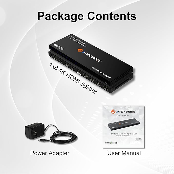 HDMI Splitter 1 In 8 Out 4K 60Hz Premium Quality 4K Ultra HD, HDMI Splitter for Multiple Monitors Duplicate/Mirror by J-Tech Digital [JTD4KSP0108]
