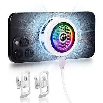 Phone Cooler for Gaming, Smart Temp Control, RGB LED Lights, White