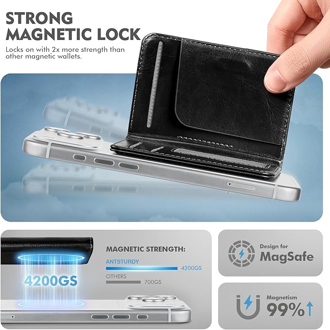 Antsturdy for Magsafe Wallet Stand with Holder,PU Leather RFID Blocking Card Holder,5 Card Slots,Strong Magnet Minimalist Flip Folio Kickstand for iPhone 17/16/15/14/13/12/Pro/Max/Plus/Air,Black