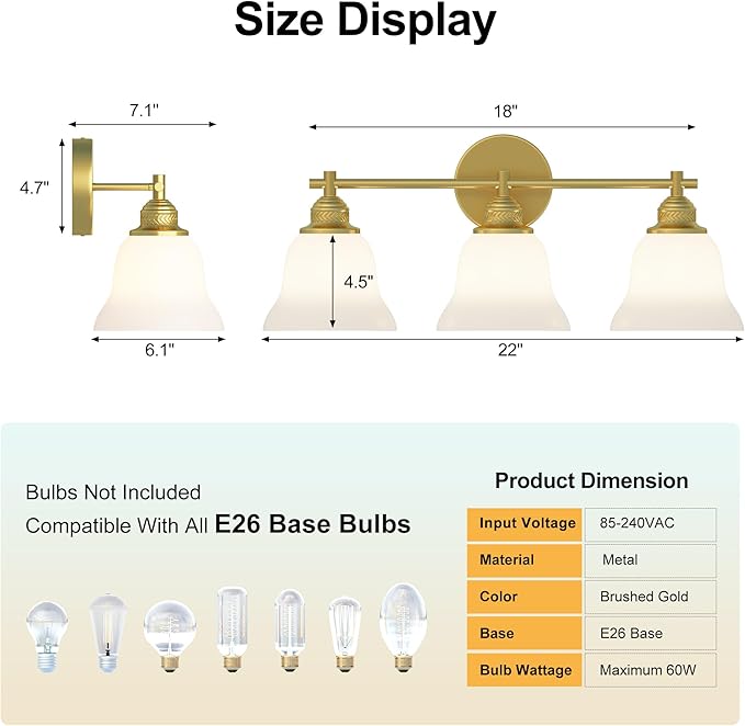 3-Light Bathroom Vanity Light Brushed Gold Modern Fixture with Frosted Glass Shades, Over Mirror Lighting for Bathroom/Bedroom, 22 inch