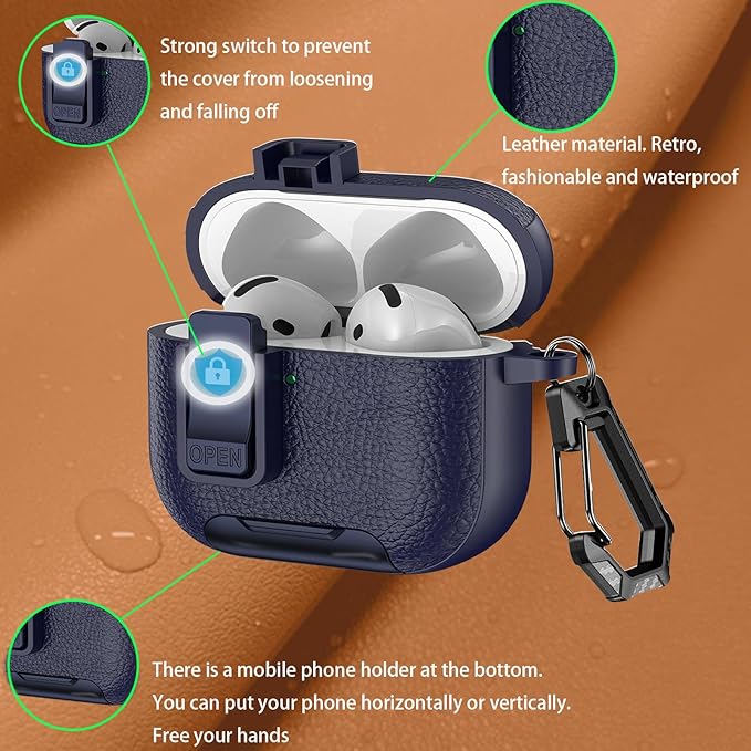 for Leather AirPods Pro 3 Case 2025| Cute Air Pods Pro 3 Case with Lock(Model A2700/A2931) | with Phone Holder & Keychain | Airpods 3 Pro Cases for Man Women(Blue)