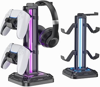 KDD RGB Headset Stand with 9 Light Modes - Controller Holder for Desk - Rotatable Headphone Stand & Detachable Controller Hook for PC Earphone Accessories(Black)