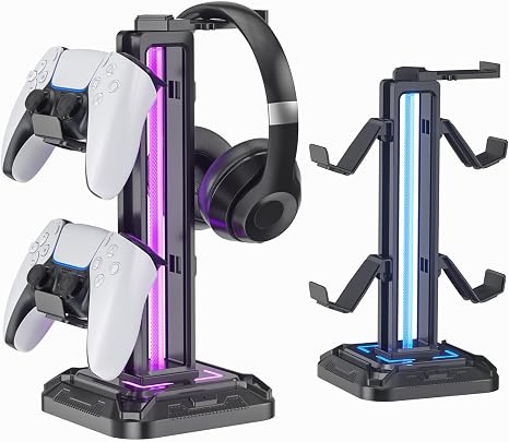 KDD RGB Headset Stand with 9 Light Modes - Controller Holder for Desk - Rotatable Headphone Stand & Detachable Controller Hook for PC Earphone Accessories(Black)