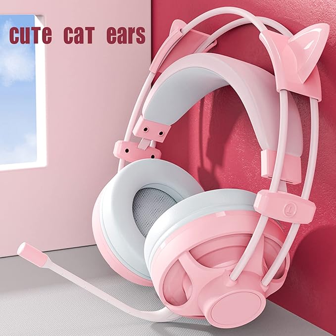Cute Pink Cat Ears Gaming Headset for, 7.1 Surround Headband Wired Gaming Headset Bass Surround and Noise Cancelling with Mic for Laptop PC Smartphones (Grey and Pink)