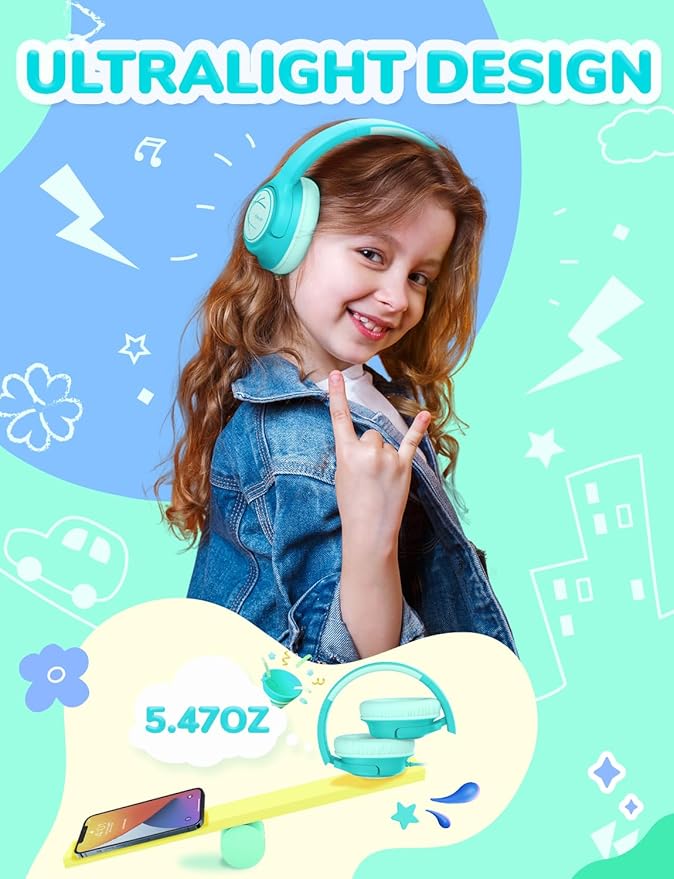 iClever Kids Headphones with Cord, 85dBA Safe Volume Wired Headphones for Kids, Stereo Sound Foldable Adjustable, 3.5mm Jack, Over Ear Child Headphone for School/Boys/Girls/iPad/Tablet/Travel, Green