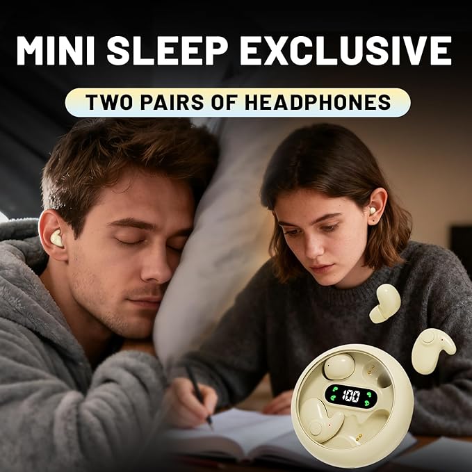 Two Pairs Mini Invisible Bluetooth Earbuds,Comfortable Wireless Sleep Headphones,with Mic,IPX5 Waterproof Earphones,Stereo Sound Quality Earphones,for Side Sleepers Sports (Khaki)