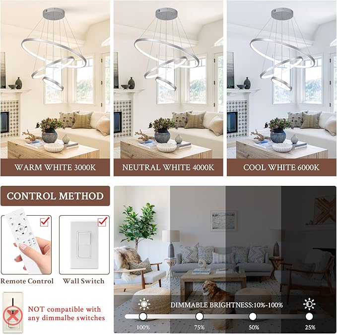 3 Ring Modern LED Chandelier Silver Dimmable Round Chandeliers, LED Circular Pendant Light Fixture with Remote Control for Living Room, Dining Room, Office, Entry, Bedroom