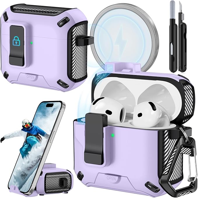 for AirPods 4 Case (2024) with Phone Stand,（with Automatic Snap Switch） Carbon Fiber Design Protection Cover with Cleaning Pen,Purple