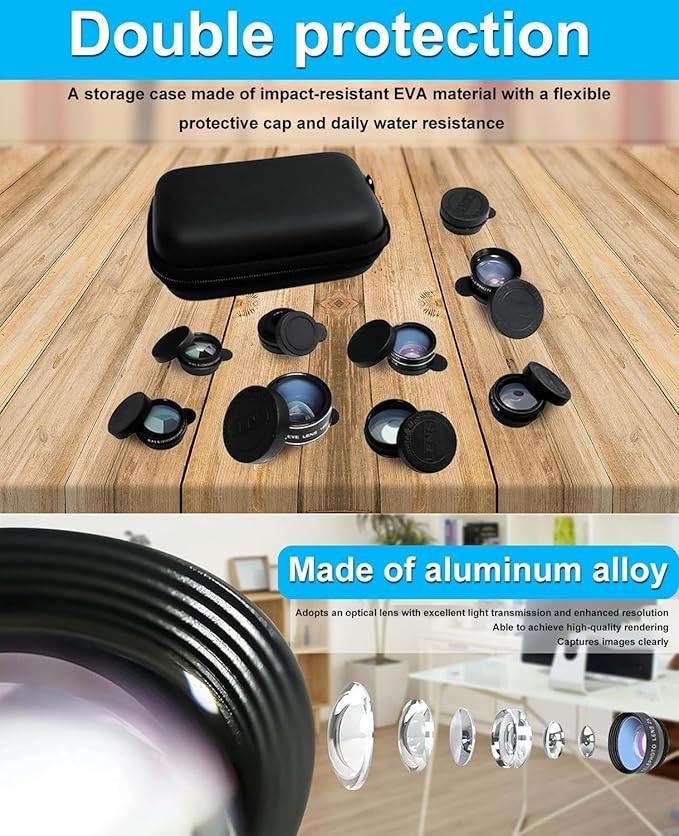 10 in 1 Phone Camera Lens Kit Compatible with iPhone & Samsung and Most of Smartphone - Wide/Macro/Telephoto/Fisheye + CPL/Star Filters, for iPhone & Android, HD Pouch Universal Phone Lens Clip
