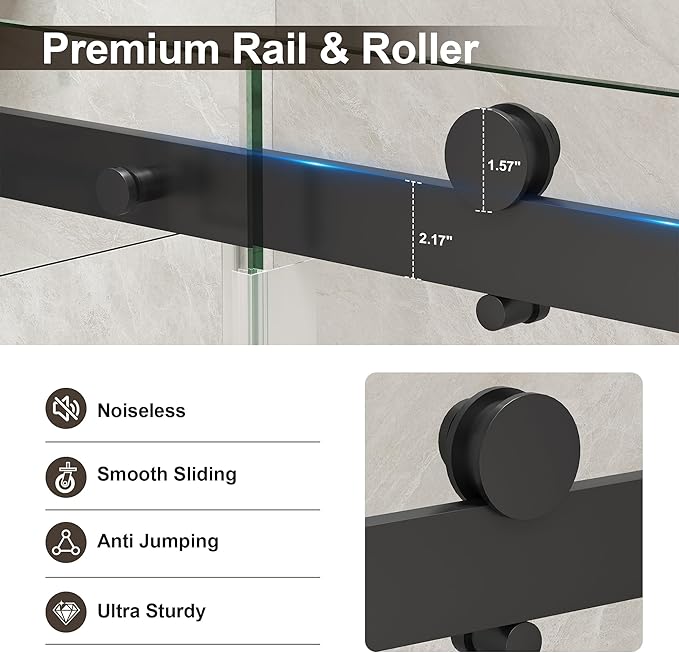 Frameless Bathtub Shower Door, Tub Sliding Door with Nano Coating & Safety Film, 1/4" (6mm) SGCC Tempered Glass，Adjustable 55"-60" W x 60" H, Matte Black