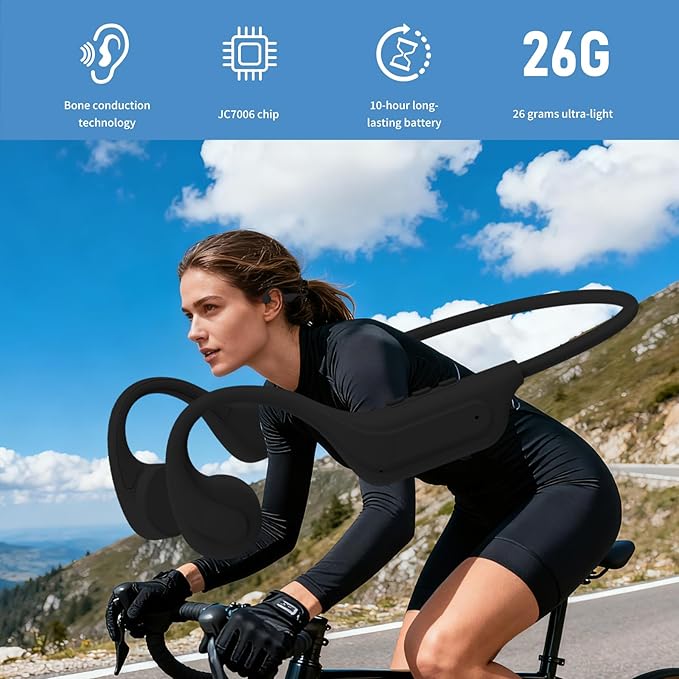 Bone Conduction Open Ear Headphones Bluetooth 6.0-10H Playtime Wireless Headset with Mic,IP65 Sweatproof Sport Earphones for Workout,Hiking,Running - Black
