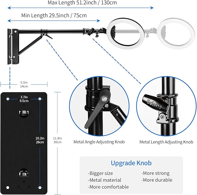 Selens Wall Mount Boom Arm with Triangle Base, Max Length 51inches/130cm Adjustable Camera Mount Up to 4.26ft for Photography Studio Video Strobe Flash, Ring Light, Softbox, Umbrella Reflector etc.