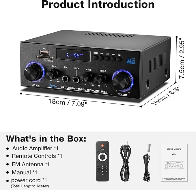 Facmogu AK-50 Bluetooth Stereo Audio Amplifier, RMS 50Wx2 HiFi Sound Stereo Amp Receiver, Remote Control Sound System w/, MP3,USB,SD,AUX, Bass Treble Control for Home Audio, Party, Karaoke, Garages
