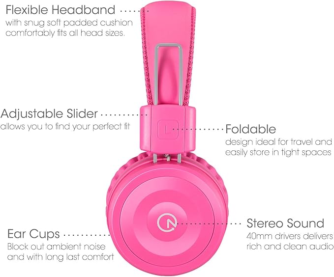 noot products Kids Headphones K22 Foldable Stereo Tangle-Free 5ft Long Cord 3.5mm Jack Plugin Wired On-Ear Headset for iPad/Amazon Kindle Fire/Girls/School/Laptop/Travel/Plane/Tablet FlamingoPink