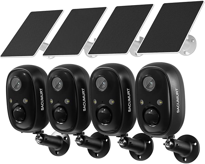 WiFi Cameras for Home Security, Solar Powered Security Cameras Wireless Outdoor, Outdoor Camera Wireless, PIR Motion Detection, Color Night Vision, Compatible with Alexa & Google Home, Storage 4-Pack