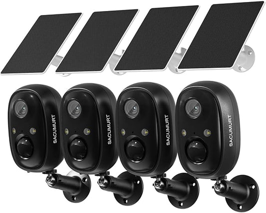 WiFi Cameras for Home Security, Solar Powered Security Cameras Wireless Outdoor, Outdoor Camera Wireless, PIR Motion Detection, Color Night Vision, Compatible with Alexa & Google Home, Storage 4-Pack
