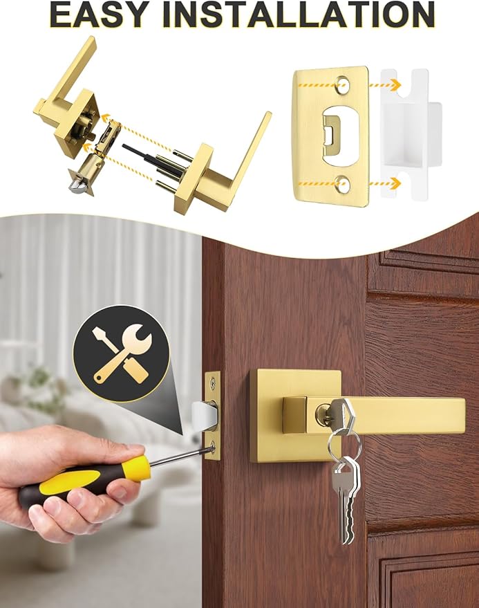 3 Pack Brushed Gold Entry Door Levers with Lock and Key, Satin Brass Entrance Door Handles, for Exterior or Interior Doors, Bedroom, Office, Hotel (Each with 3 Keys)