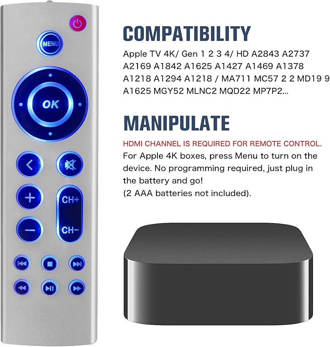 (Pack of 2) Universal Replacement Remote for Apple TV 4K/ Gen 1 2 3 4/ HD A2843 A2737 A2169 A1842 A1625 A1427 A1469 A1378 A1218, No Voice No Siri with Blue Backlight