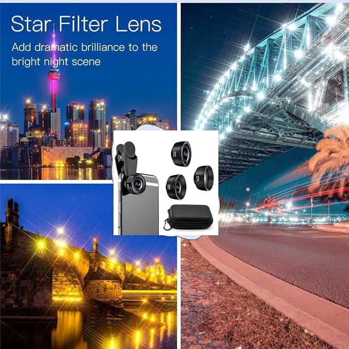 7-in-1 Phone Camera Lens Kit ??210° Fisheye Lens, 120° Wide Angle Lens, 20X Macro Lens for iPhone, Samsung & Android Smartphones ??HD Optical Glass, Universal Clip, Portable Case (Black) (7 in 1)