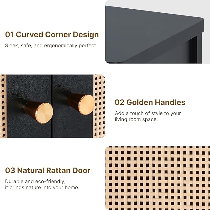 Rattan Sideboard Buffet Cabinet 2 Door Boho Kitchen Storage Cabinet Accent Console for Living Room, Hallway, Kitchen, Sideboard, Buffet Table Black
