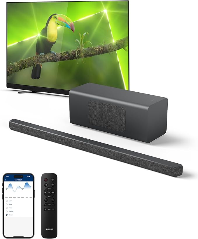 Philips B6309 2.1 Channel Soundbar with Wireless Subwoofer - Bluetooth, HDMI eARC, Dolby Atmos, DTS Virtual:X, 320W Max Power, Dark Grey