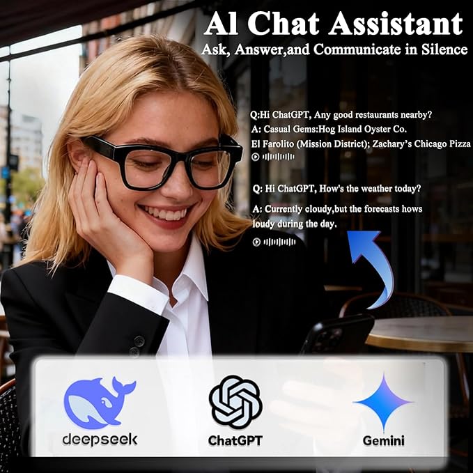 AI Smart Glasses for Men Women Powered by ChatGPT- 164 Languages Translation, Color-Change Lens w/UV & Blue Light Protection, Music &Calls w/Bluetooth 5.4, Al Vioce &Meeting Assistant, Black