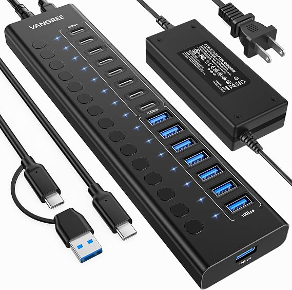 VANGREE Powered USB Hub,16 Ports 10Gbps USB C Hub, 8*USB-A 3.2+8*USB-C 3.2 - Image 7