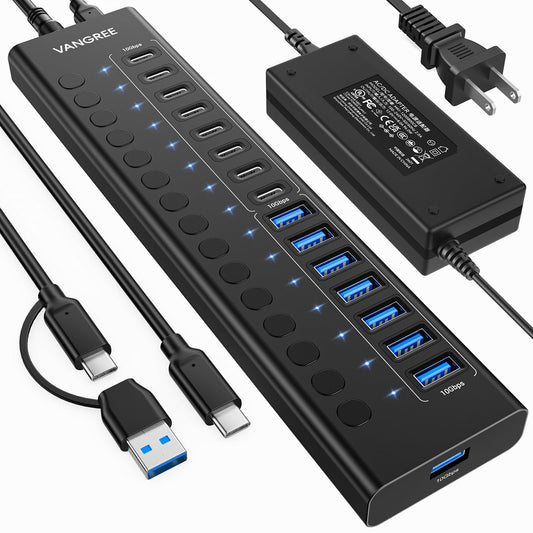 VANGREE Powered USB Hub,16 Ports 10Gbps USB C Hub, 8*USB-A 3.2+8*USB-C 3.2