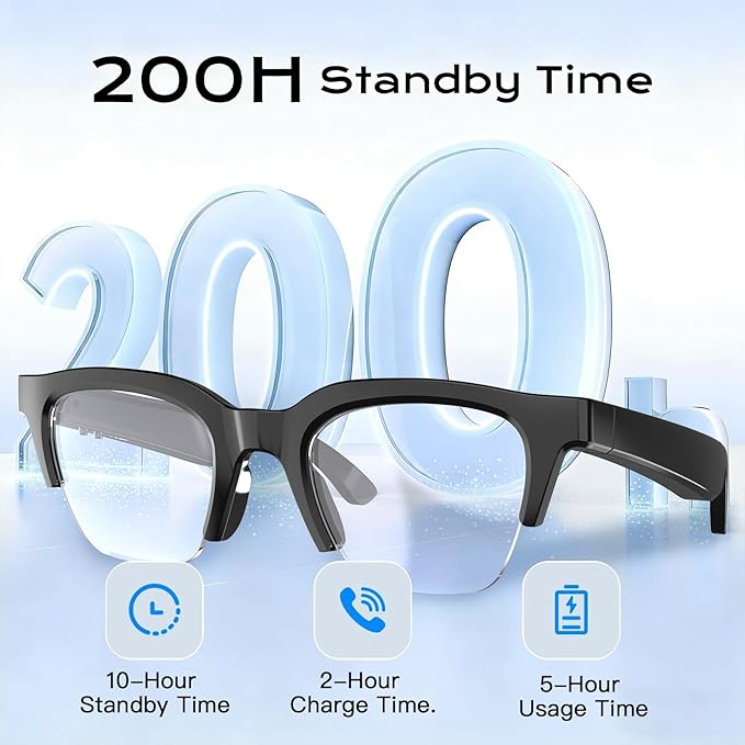 Smart Audio Glasses Open Ear Bluetooth Glasses Wireless Music and Calls Type C Fast Charging Physical Button Control Ultra Lightweight Unisex (White)