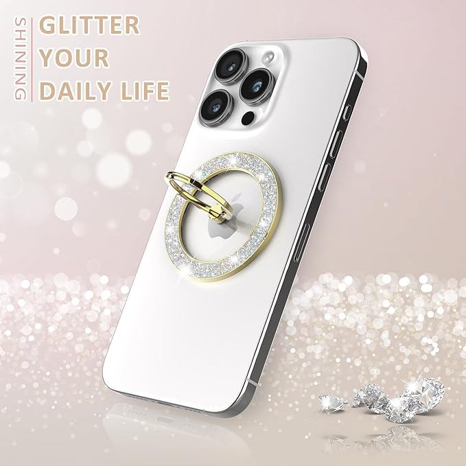 Magnetic Phone Ring Holder for MagSafe Cell Phone Grip Stand Finger Ring Stand Compatible with iPhone 17 16 15 14 13 12 Pro Max MagSafe Accessories Android. (Glitter Gold)