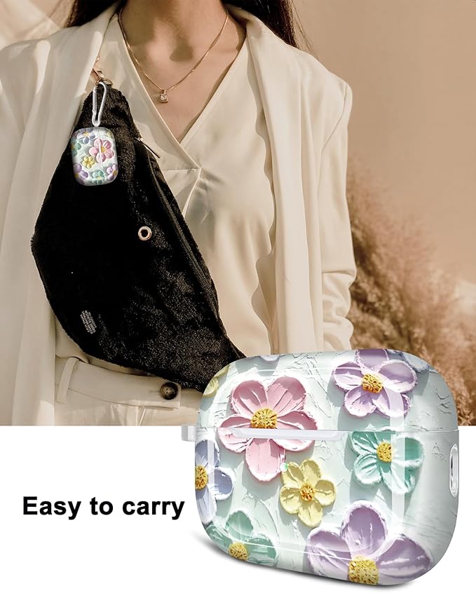 JIAXIUFEN Design for AirPods Pro 2 Gen 1 Gen Case Cover Retro Oil Painting Printed Flower Protective TPU Skin Accessories for Women Girl with Keychain, Mint Colorful