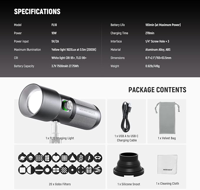NEEWER Basics RGB Photography Flashlight, 4 Colors/20 GOBO Filters/CRI95+/7500mAh, 10W 6300K Portable LED Video Spotlight Patterned Ambient Aluminum Sunset Light for Recording Studio Lighting, FL10